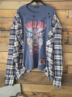 Upcycled World Tour Graphic Distressed T-shirt with Flannel Sleeves